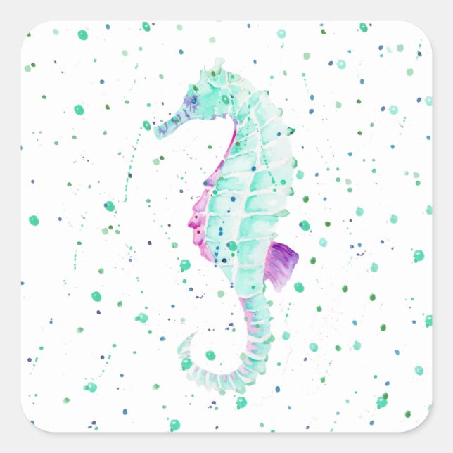 Quadrado Adesivo de Cavalo-Marinho em Aquarela (Frente)