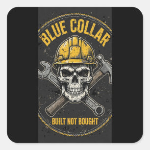 Quadrado Adesivo de Caveira Blue Collar Feita Não Comprada