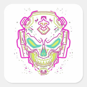 Quadrado Adesivo de Caveira Cibernética Neon
