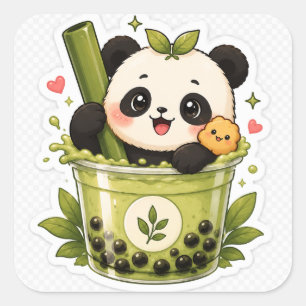 Quadrado Adesivo de Chá de Bolhas Matcha de Panda Fofo An