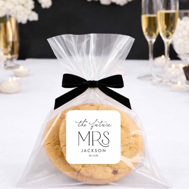 Quadrado Adesivo de Chá de Panela da Futura Sra. (The Future Mrs Bridal Shower Favor Sticker)