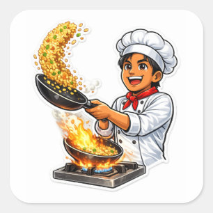 Quadrado Adesivo de Chef Cozinhando Arroz Frito