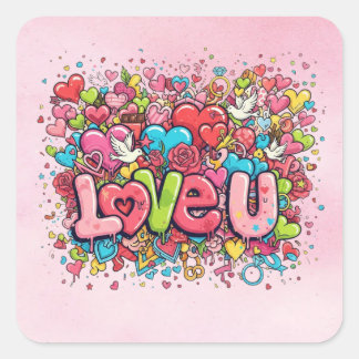 Quadrado Adesivo de Corações Coloridos Rabiscados de Amor
