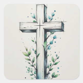 Quadrado Adesivo de Cruz Cristã com Ramos em Aquarela