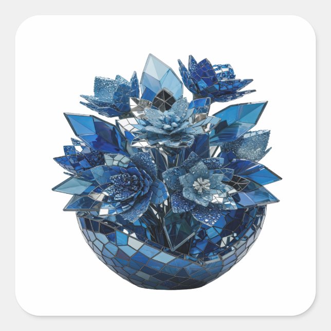Quadrado Adesivo de design de FLORES DE VIDRO AZUL prateado (Frente)