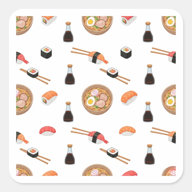 Quadrado Adesivo de design de padrão de sushi e ramen (Frente)