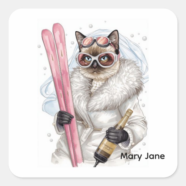 Quadrado Adesivo de Despedida de Solteira de Esqui - Noiva  (Frente)