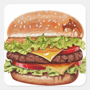 Quadrado Adesivo de Duplo Cheeseburger Suculento – Burg Rea