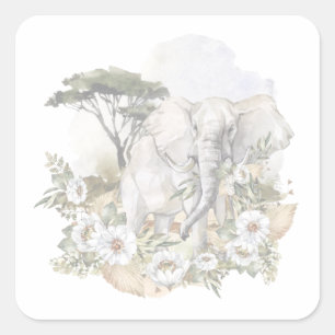 Quadrado Adesivo de elefante e flores brancas de aquarelas