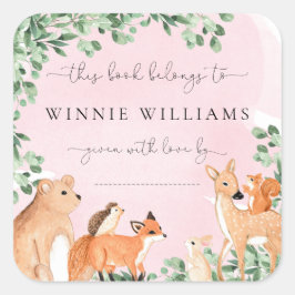 Quadrado Adesivo de Ex-libris Rosa Animais da Floresta