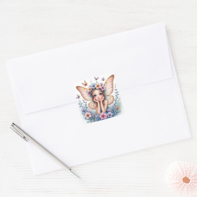 Quadrado Adesivo de Fada com Coroa de Flores Fofa (Envelope)