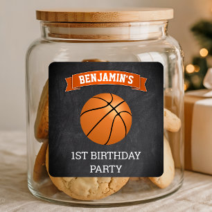 Quadrado Adesivo de Favor de Aniversário de Basquetebol 1º