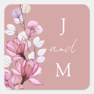 Quadrado Adesivo de Favor de Casamento Floral Monograma Ros