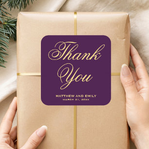 Quadrado Adesivo de Favor de Casamento Roxo e Dourado