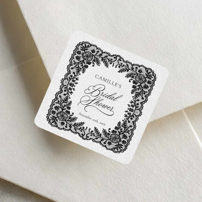 Quadrado Adesivo de Favor de Noiva com Renda Preta (Black Lace Bridal Shower Envelope Seal)