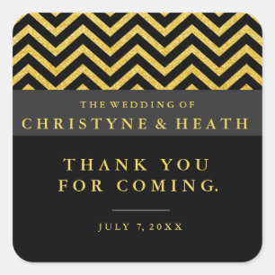 Quadrado Adesivo de Favor Elegante Preto e Dourado Chevron 