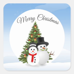 Quadrado Adesivo de Feliz Natal com Bonecos de Neve
