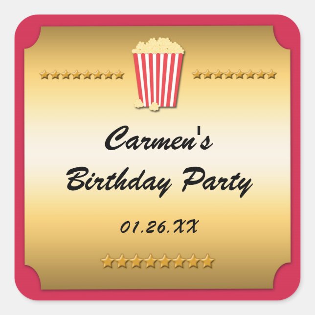 Quadrado Adesivo de festa de pipoca de cinema de filme verm (Frente)