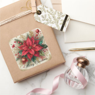 Quadrado Adesivo de Flor de Poinsettia Vermelha de Natal