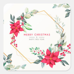 Quadrado Adesivo de Flor em Aquarela de Natal Bonito
