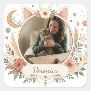 Quadrado Adesivo de Foto Personalizado de Gata Mãe Nome P