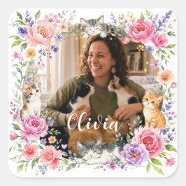 Quadrado Adesivo de Foto Personalizado de Gato e Flores par