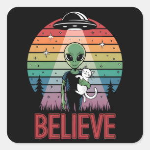 Quadrado Adesivo de Gato Alien Fofo Acredite no Pôr do Sol