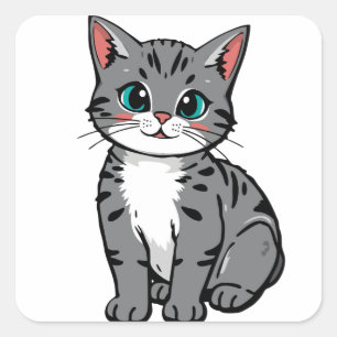 Quadrado Adesivo de Gato Cinza Atigrado Fofo – Kit de Desen