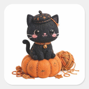 Quadrado Adesivo de Gato de Halloween em Abóbora — Estilo B
