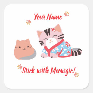 Quadrado Adesivo de Gato Fofo Kawaii Personalizado   Fique 