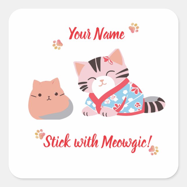 Quadrado Adesivo de Gato Fofo Kawaii Personalizado | Fique  (Frente)