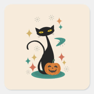 Quadrado Adesivo de Gato Preto do Halloween Meio do Século
