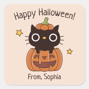 Quadrado Adesivo de Gato Preto Feliz no Halloween em Abóbor