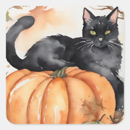 Quadrado Adesivo de Halloween de Abóbora e Gato Preto de Ou
