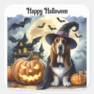 Quadrado Adesivo de Halloween de Bruxa de Cachorro Fofo