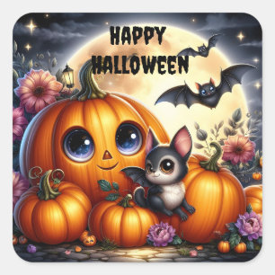 Quadrado Adesivo de Halloween de Morcegos e Abóboras