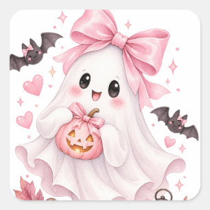 Quadrado Adesivo de Halloween Fantasma com Laço Rosa Fofo