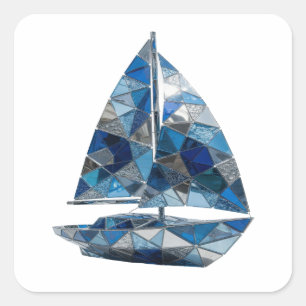 Quadrado Adesivo de impressão BLUE GLASS SAILBOAT prateado