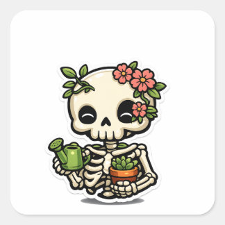 Quadrado Adesivo de Jardineiro Esqueleto Floral Kawaii Fofo