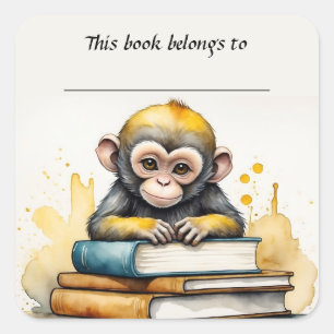 Quadrado Adesivo de macaco e livro editável