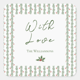 Quadrado Adesivo de Natal Berry Pine Stripe With Love