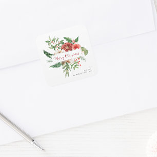 Quadrado Adesivo de Natal Botânico Vermelho
