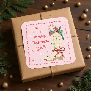 Quadrado Adesivo de Natal Country Alegre Cowboy Boot