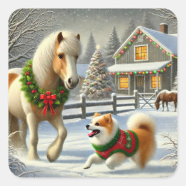 Quadrado Adesivo de Natal de Cavalo e Cão Islandês