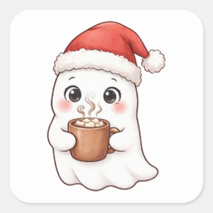 Quadrado Adesivo de Natal de Chocolate Quente com Chapéu de