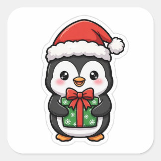 Quadrado Adesivo de Natal de Pinguim Fofo com Chapéu de Pap