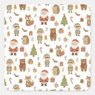 Quadrado Adesivo de Natal Floresta Desenhado à Mão