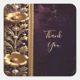 Quadrado Adesivo de Ornamento Floral Dourado com Pérolas