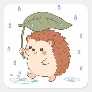 Quadrado Adesivo de ouriço fofo com guarda-chuva de folha p