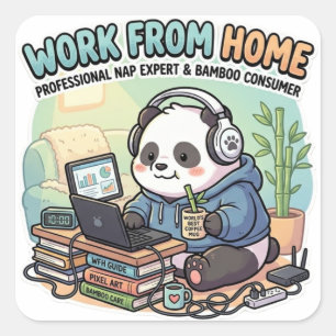 Quadrado Adesivo de Panda Fofo Trabalhando de Casa 